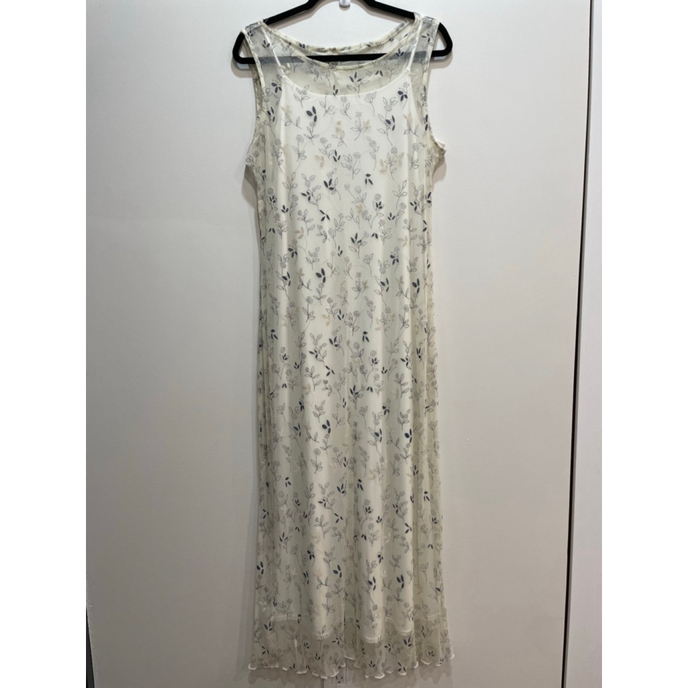 Vintage 90s Y2K Cream Blue Floral Micro Mesh Overlay Maxi Dress XL Monica